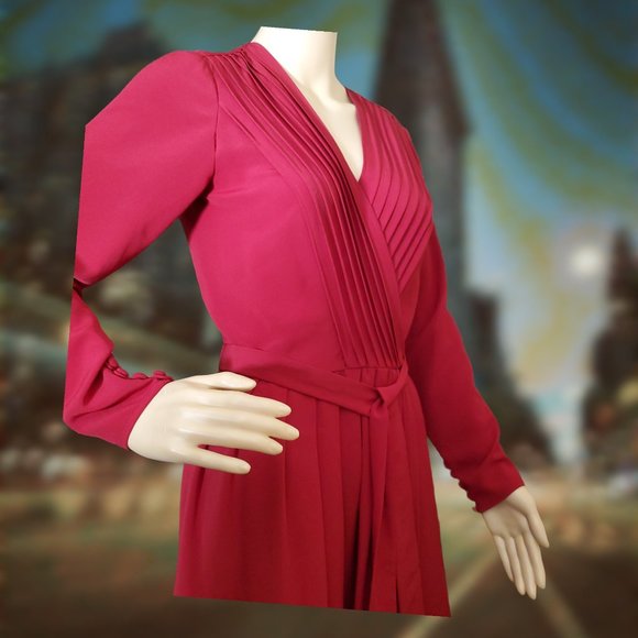 Vintage 1970's Albert Nipon Pleated Wrap Dress - Burgundy/Maroon/Long Sleeves - Picture 6 of 12